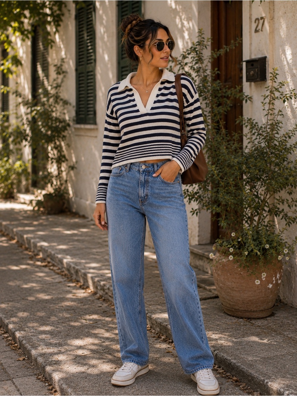 LOFT Navy and White Striped V-Neck Collared Sweater Small
